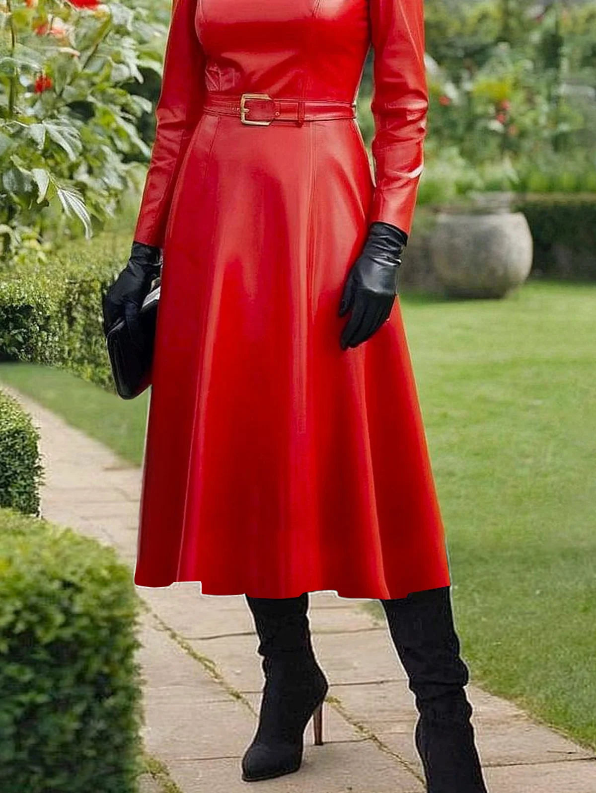 Red Mock Neck Leather Look Maxi Dress