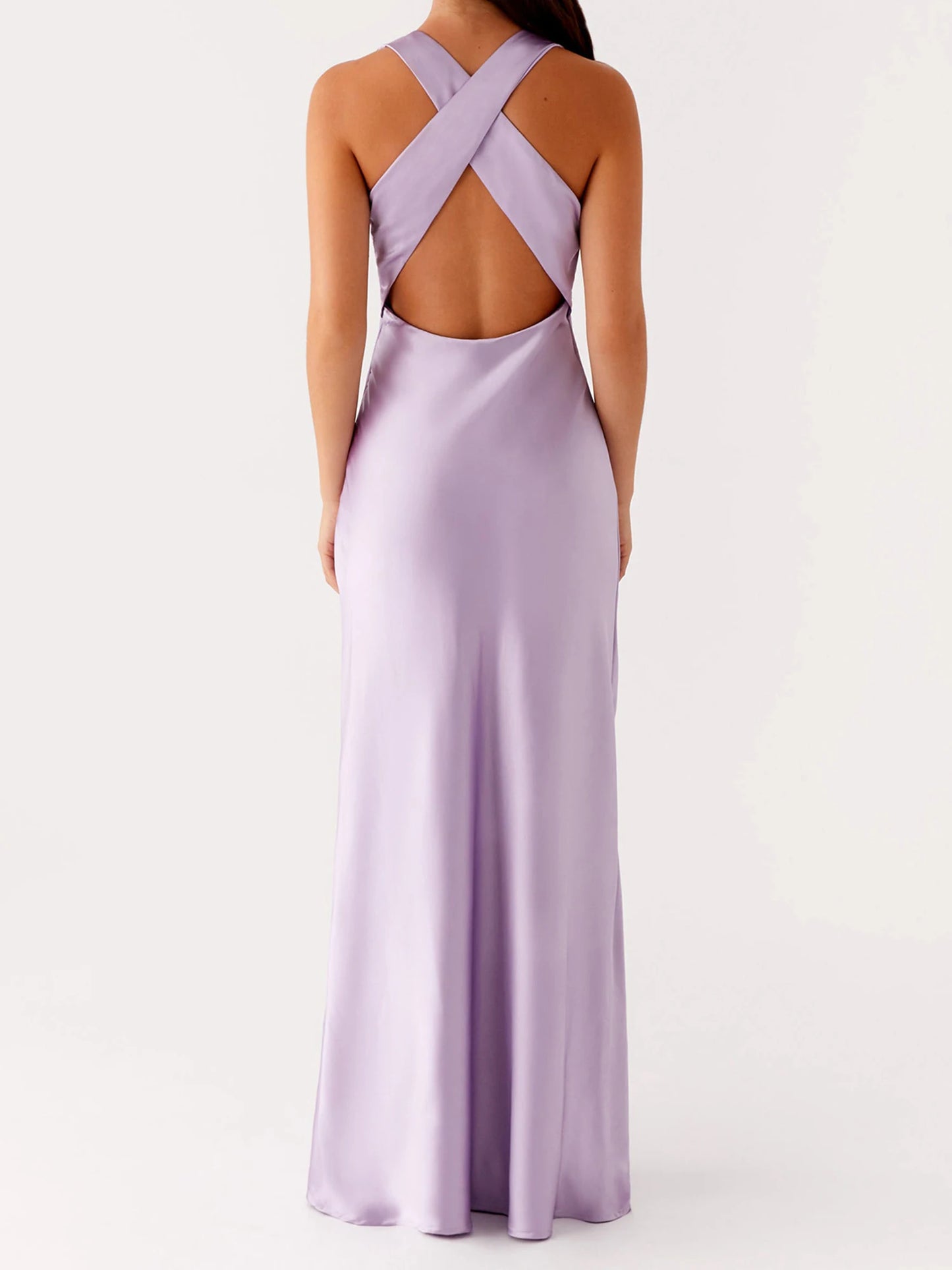 Women's Satin Halter Dress Solid Color Back Cross Elegant Slim Fit Dress for Party, Wedding