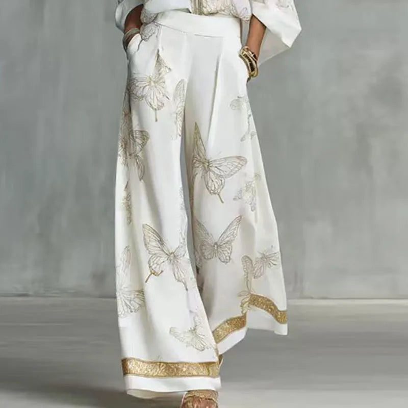 Butterfly Print Two Piece Shirt And Wide Leg Pants Set for Women