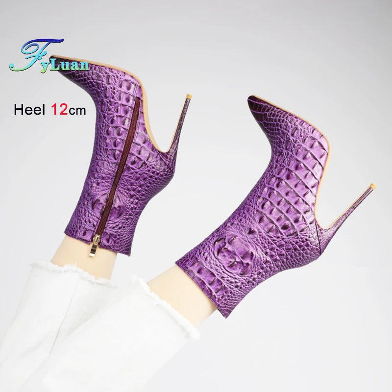 Purple Crocodile Stiletto Ankle Boots
