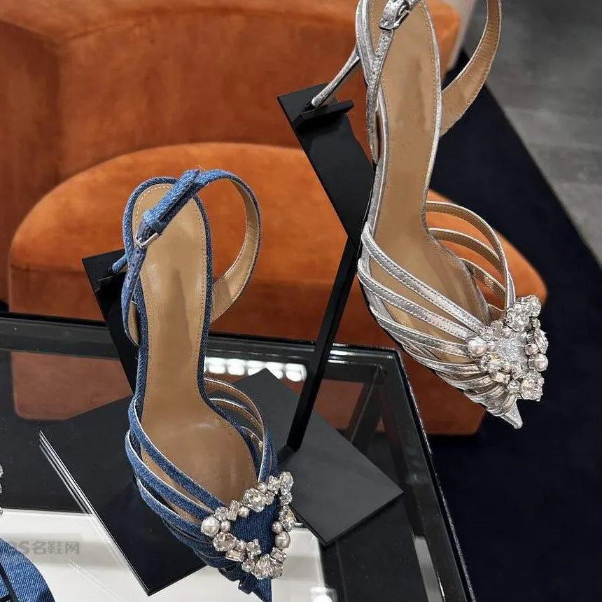 Crystal Heart Buckled Caged Leather Low Heel Pointed Toe Sandals For Women