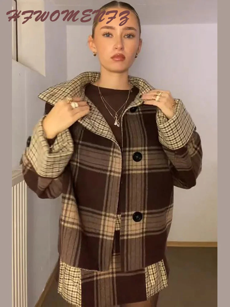 Elegant Chic Loose Fit Grid Coat and Skirt Set for Women