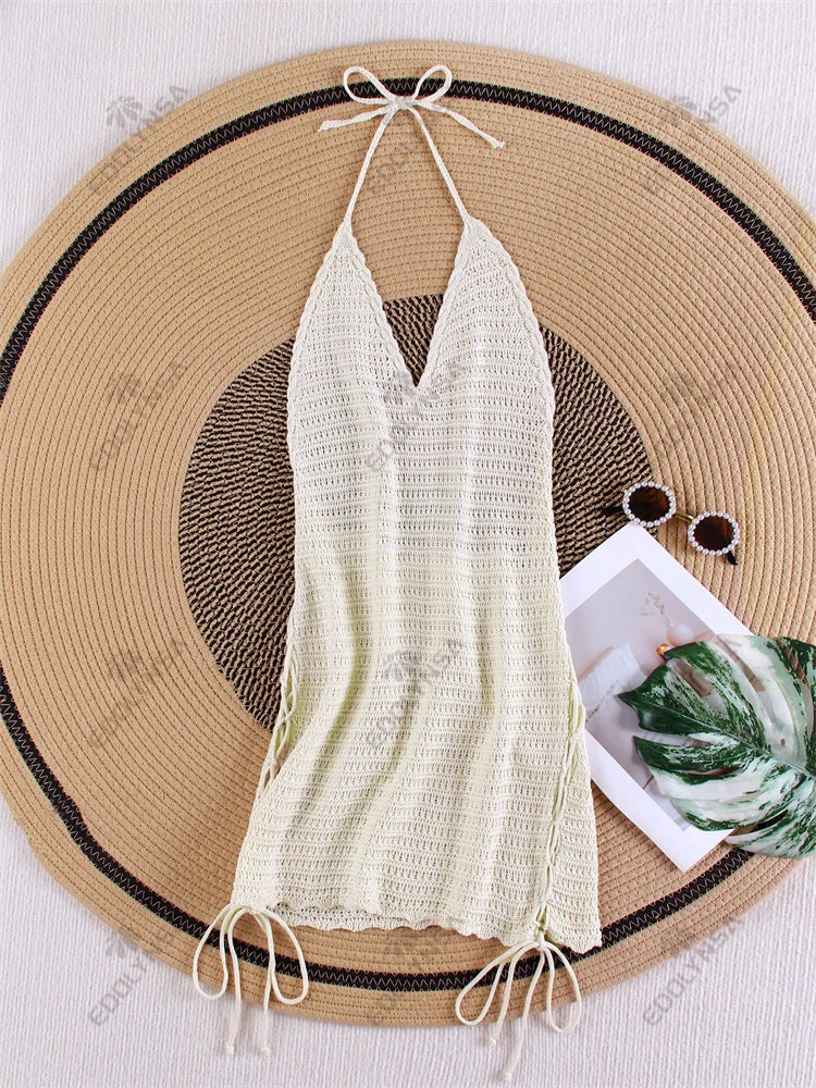 Solid Knit Halter V-neck Side Cross Straps Slim Beach Mini Dress 2025 Women Crochet Beach Swimsuit Cover Up Vacation Outfit K104