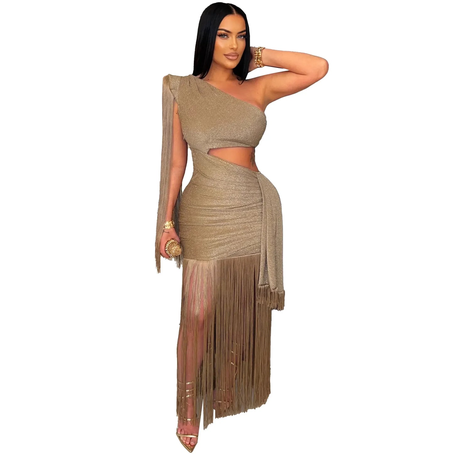 One Shoulder Tassel Ruched Maxi Evening Dress for Women