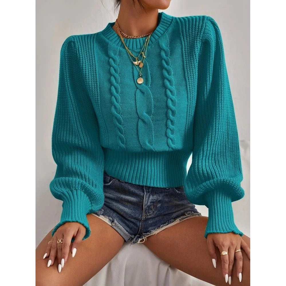 Women Round Neck Lantern Sleeve Knit Sweater Female Spring Casual Twist Rope Top y2k Clothes Streetwear