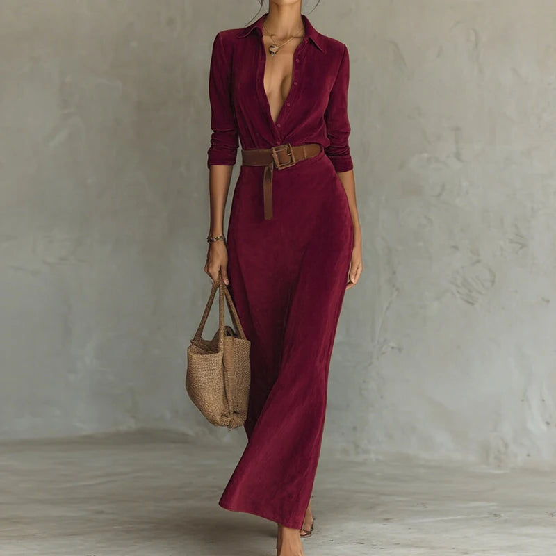 Elegant V Neck Patchwork Button Long Sleeve Maxi Dress for Women