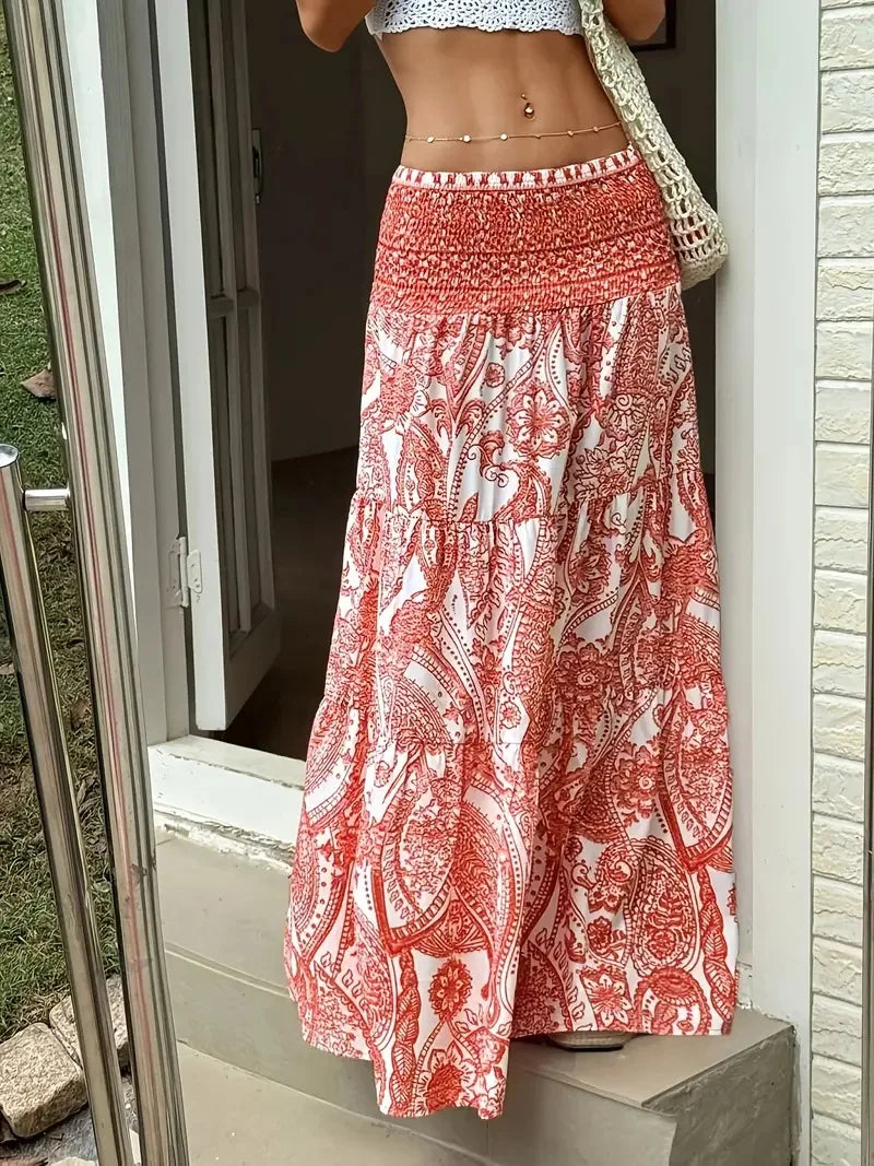Boho Holiday Print Casual Ankle Length Maxi Skirt for Women