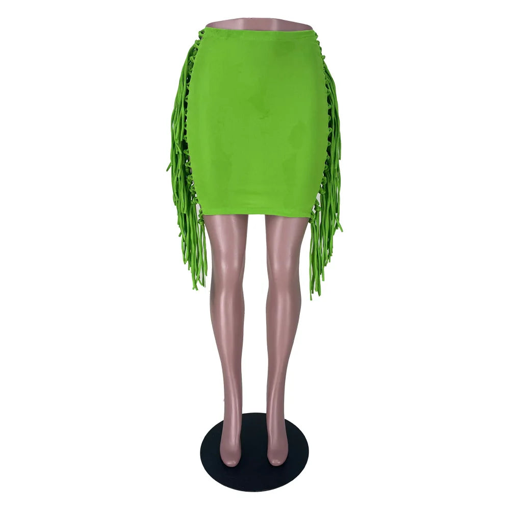 FAGADOER Sexy Tassel Bodycon Mini Skirts Party Club Outfits Women Fashion Chic Streetwear Short Birthday Holidays Skirt Solid