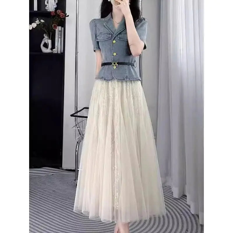 Slim Fit Denim Jacket and Mesh Skirt Two Piece Set for Women