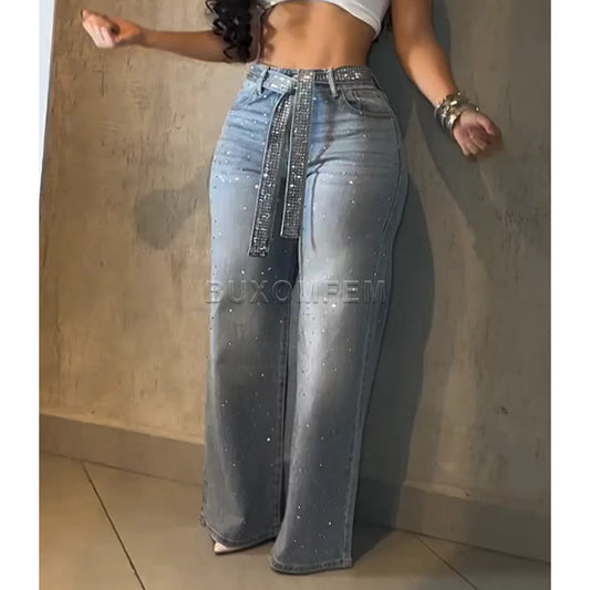 Women's Drilled Straight Leg Jeans Pants 2025 Stylish Baggy Pants Y2k Streetwear Outfit Wide Leg Loose Jeans Ladies Bottoms