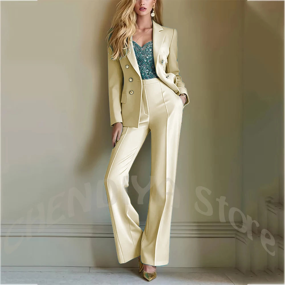 Solid Color Suit For Women High Quality Double Breasted Two Piece Notch Lapel Slim Fit Elegant Fashion Female Outfit Jacket Pant