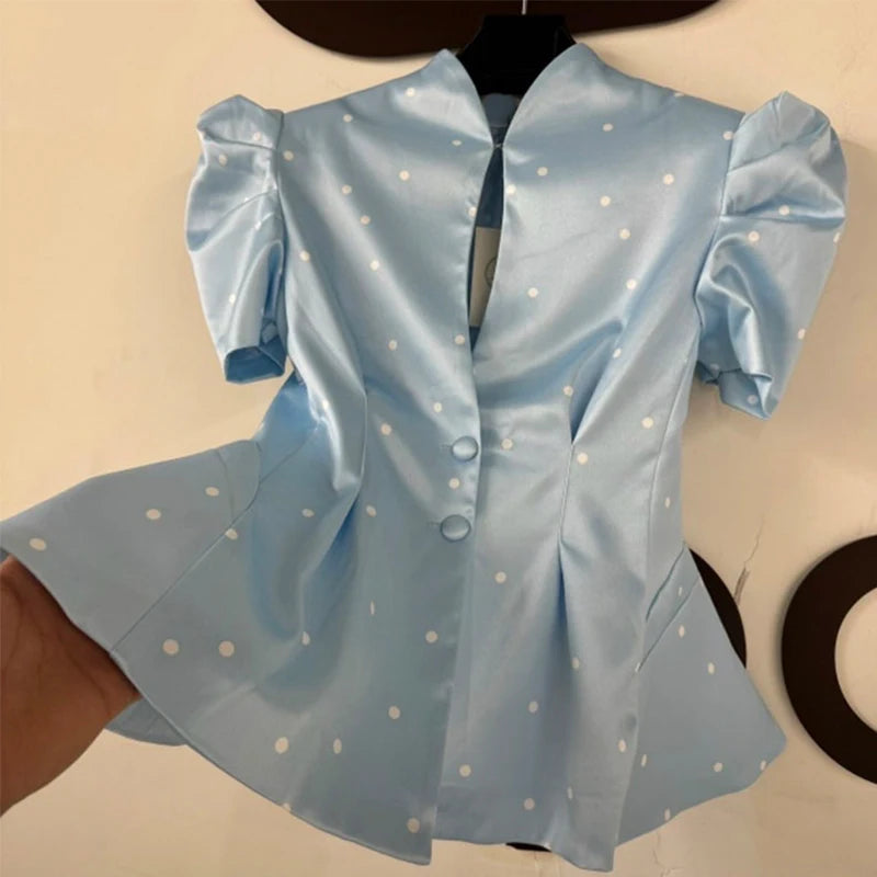 Elegant Printed Puff Sleeve Stand Collar Shirt for Women
