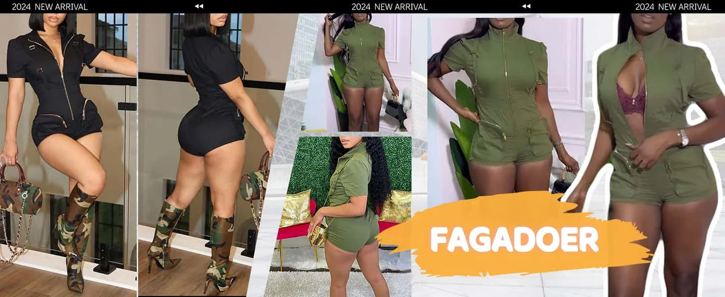 Solid Color Pocket Cargo Short Sleeve V Neck Romper for Women