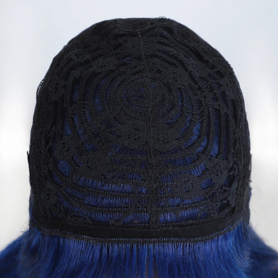 Blue Long Straight Human Hair Wig With Bangs for Women