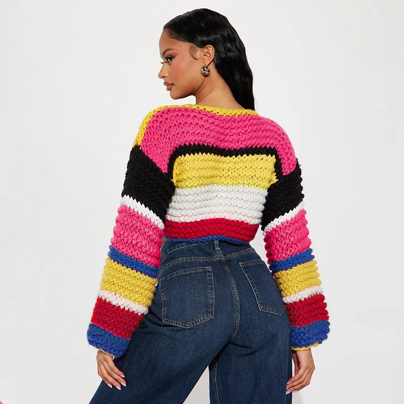 Rainbow Check Cropped Long Sleeve Knit Sweater for Women