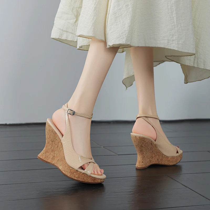 Snakegrain Textured Buckle Platform Wedge Sandals for Women