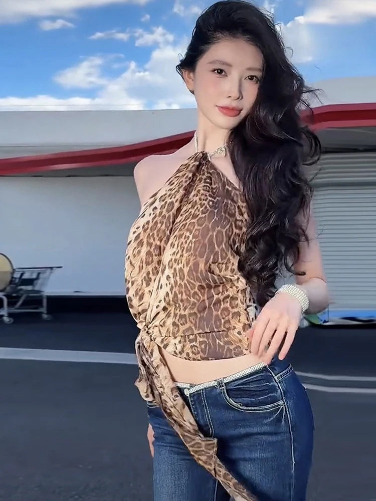 Backless Lace-Up Leopard Halter Top