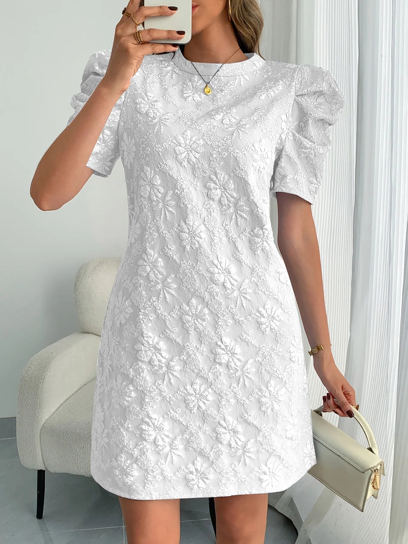 Textured Jacquard Puff Sleeve Midi Dress for Women