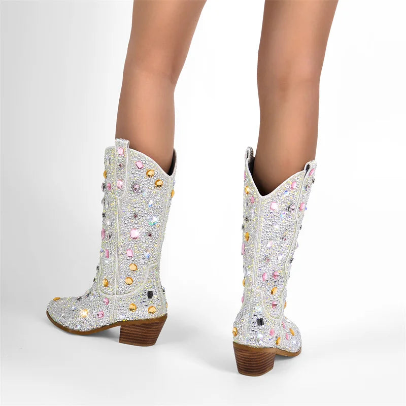 Rhinestone Knee High Cowgirl Boots With Chunky Heels for Women