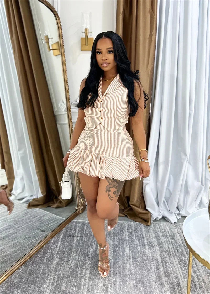 Striped Notched Vest Top And Mini Skirt Set for Women