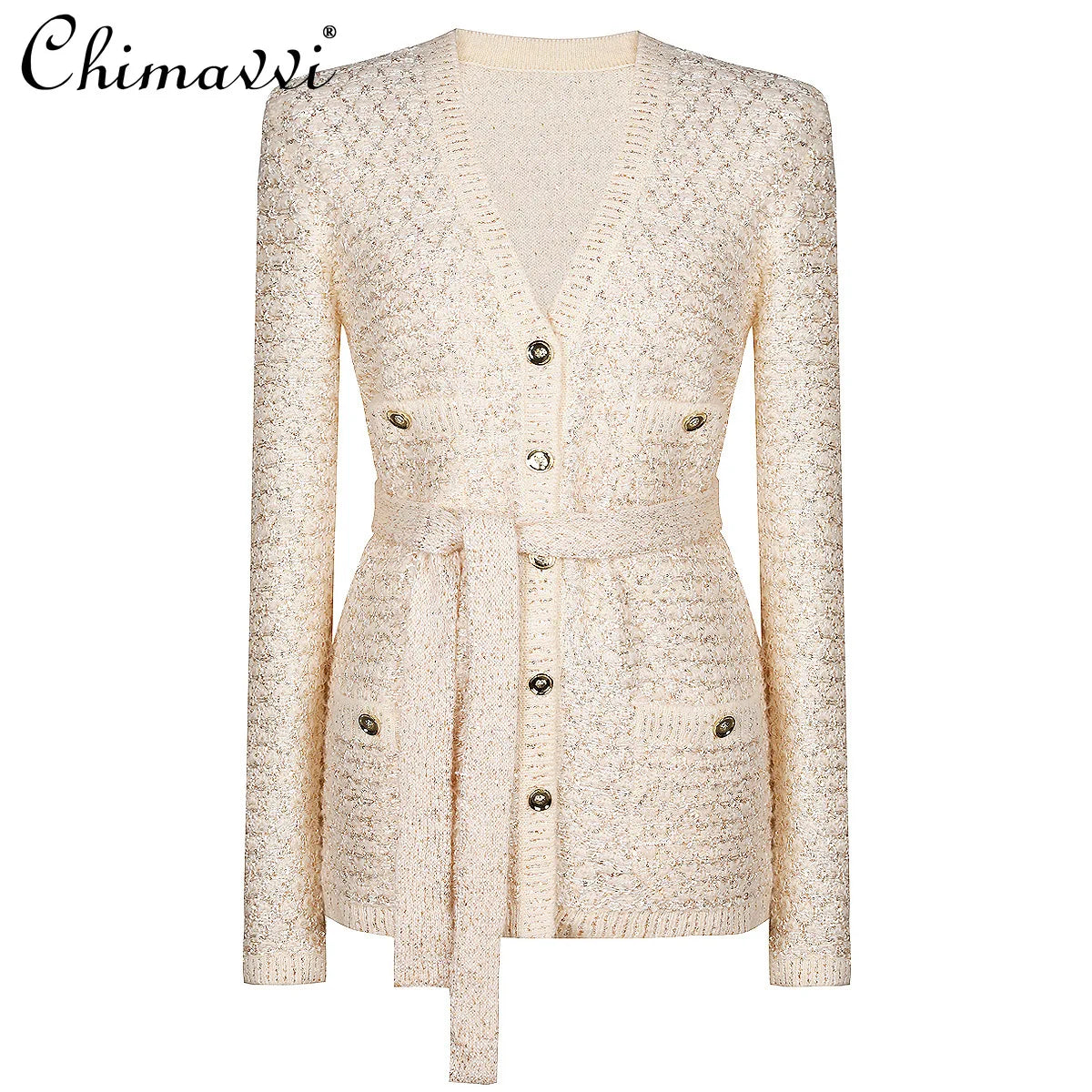 2025 Spring and Autumn New High-end Fashion Long-sleeved Sequined Knitted Cardigan Elegant Commuter V-neck Cardigan Top Jacket