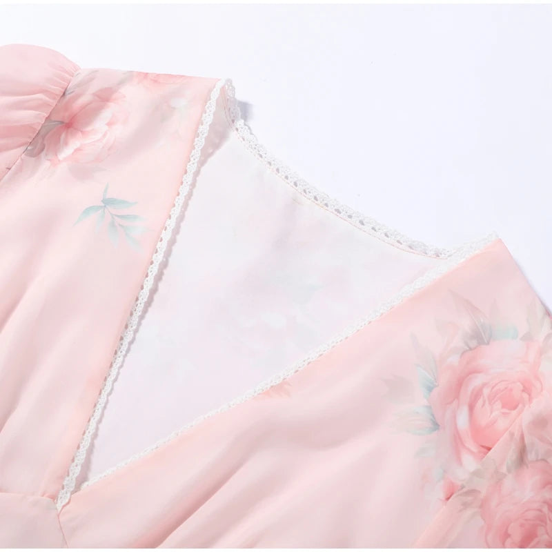 Elegant Print Pleated Puff Sleeve V Neck Long Dress for Women