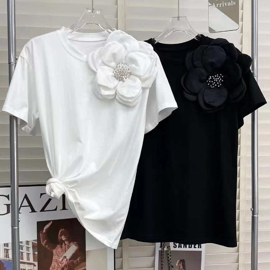 Three-Dimensional Beaded Floral Embroidery Short Sleeve T Shirt for Women