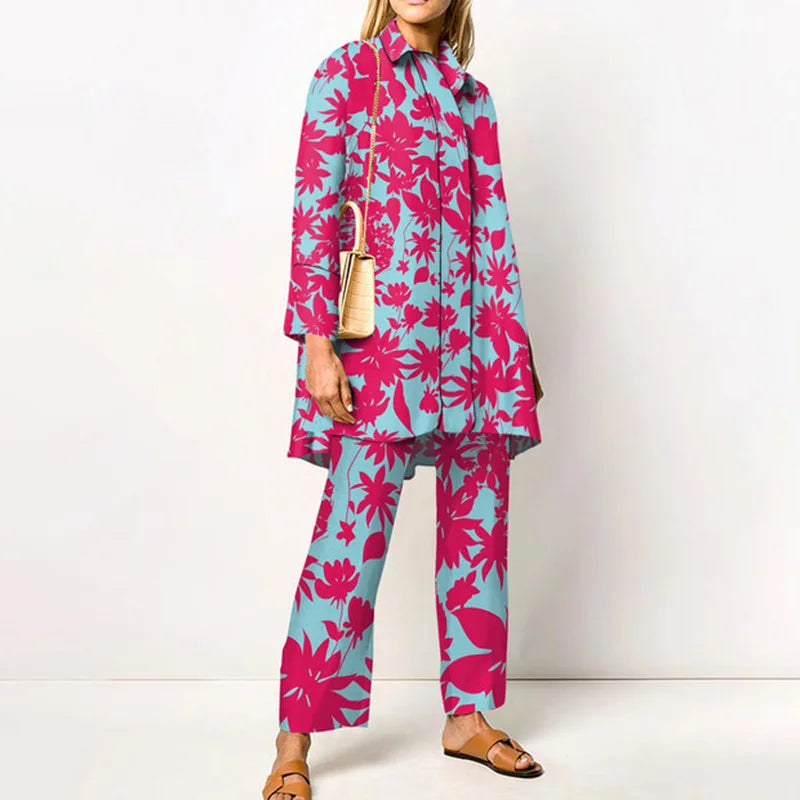 2022 Sets Womens Outfits Elegant Loungewear Print Spring Autumn 2PCS Ladies Suit Long Sleeve Wide Leg Pants Loose Fit Streetwear