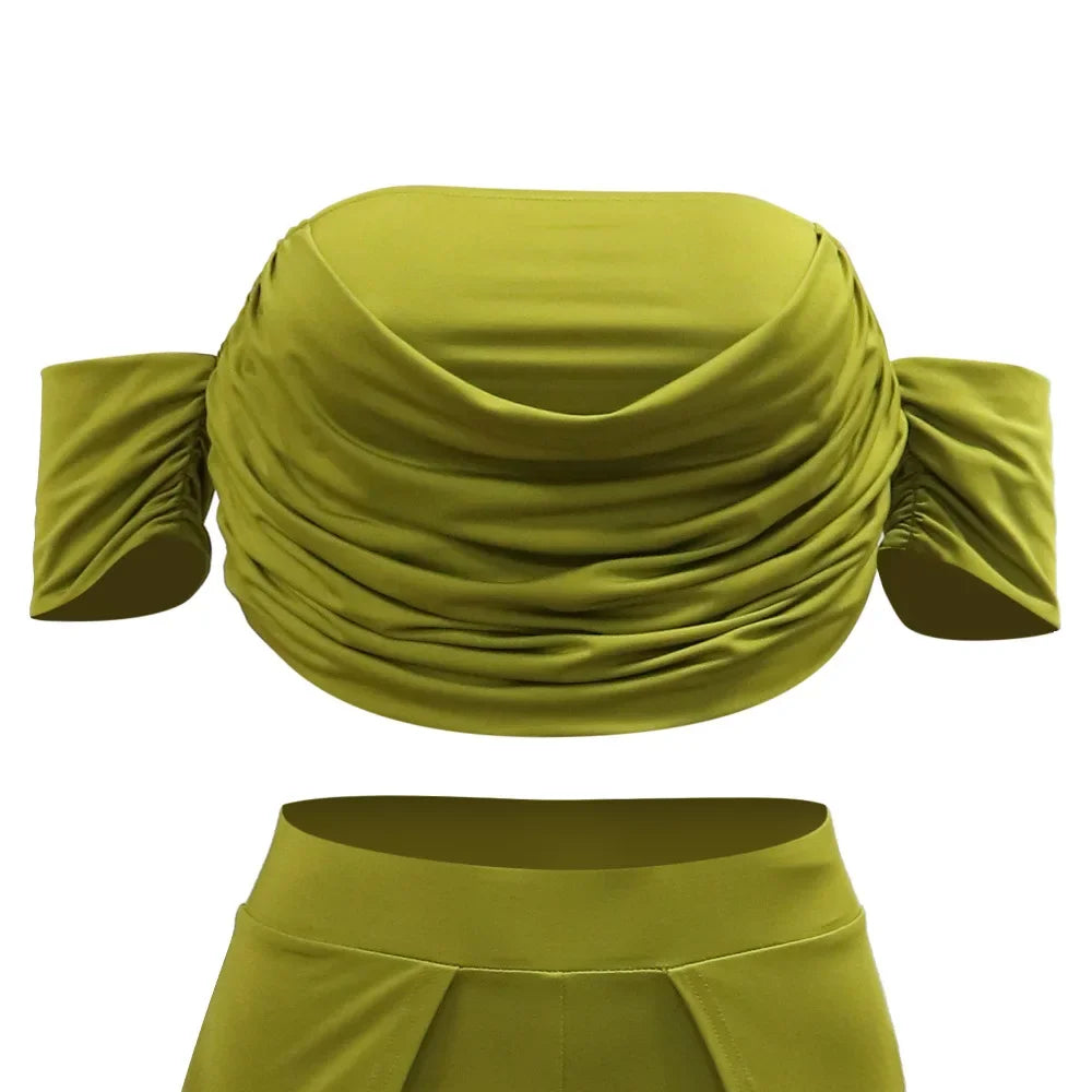 Ruched Slash Neck Top and Wide Leg Pants Set for Women