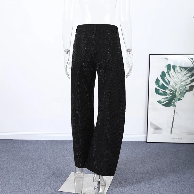 Sequined High Waist Wide Leg Pants with Pockets for Women