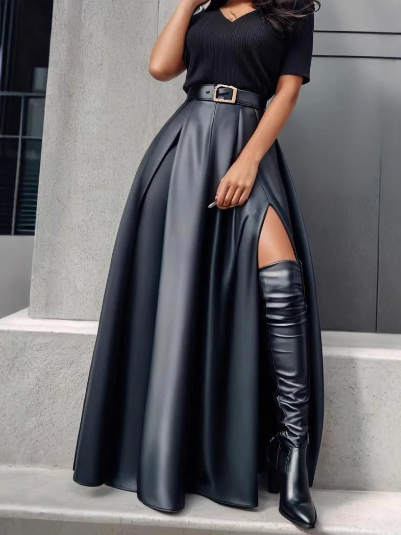 PU Leather Skirt New Style Fashion Large Slit Leather Skirt Mid-length Irregular Long Skirt Autumn Black Casual Holiday Skirts