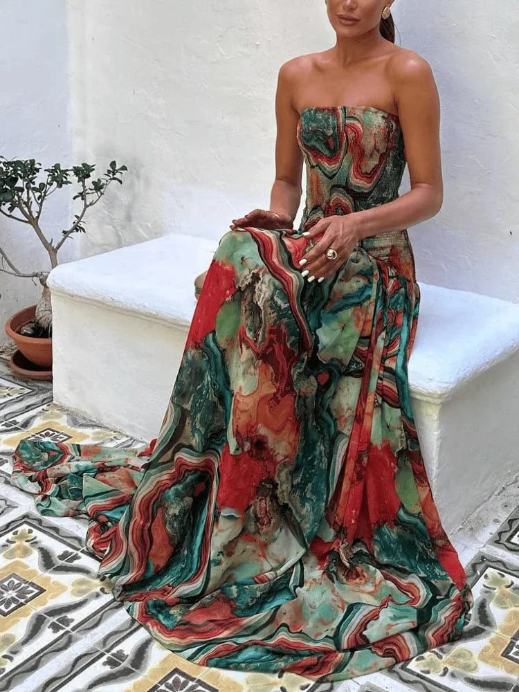 Strapless Pleated Waist Printed Cocktail Dress For Women