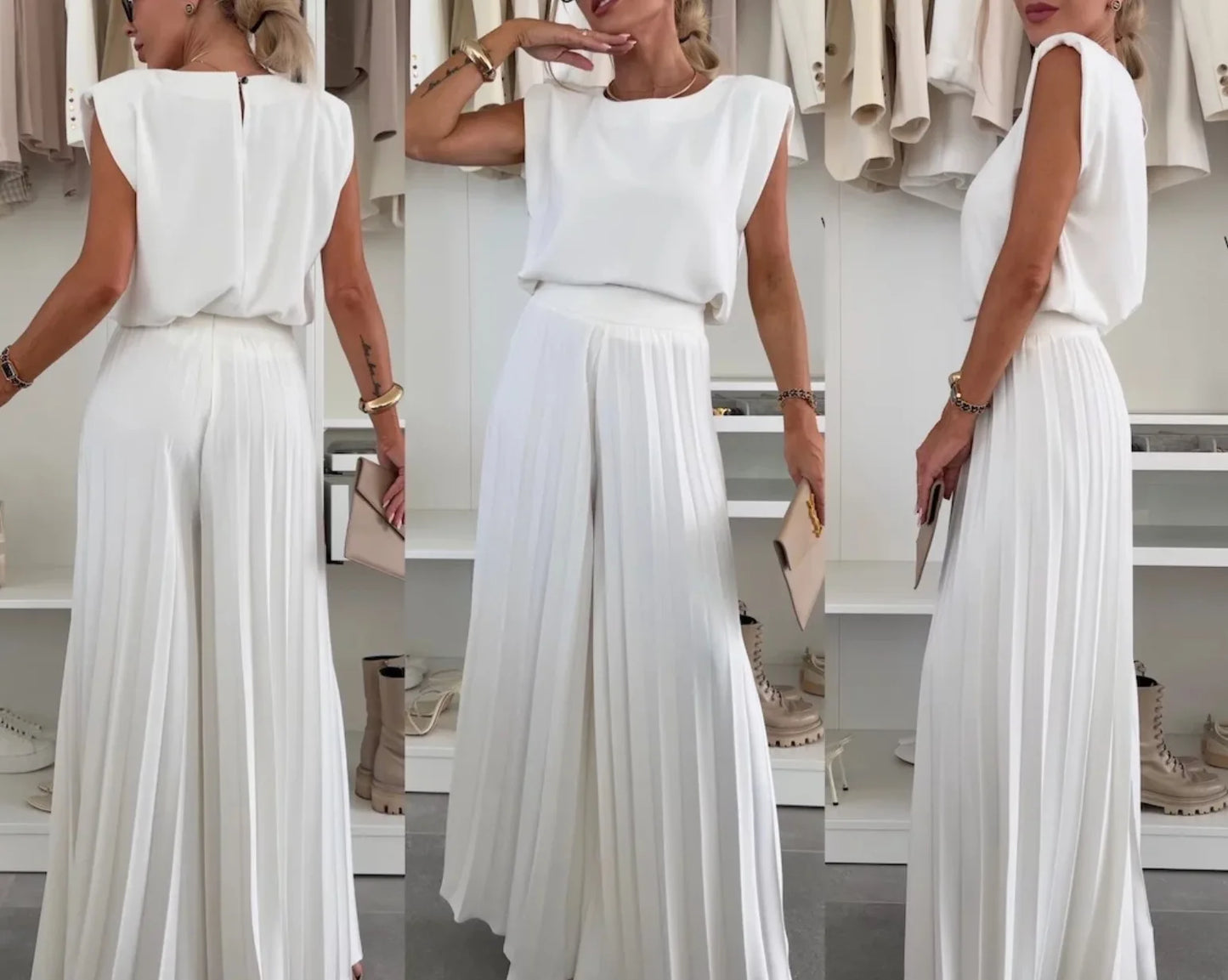 Pleated Sleeveless O Neck Top Wide Leg Pants Two Piece Suit for Women