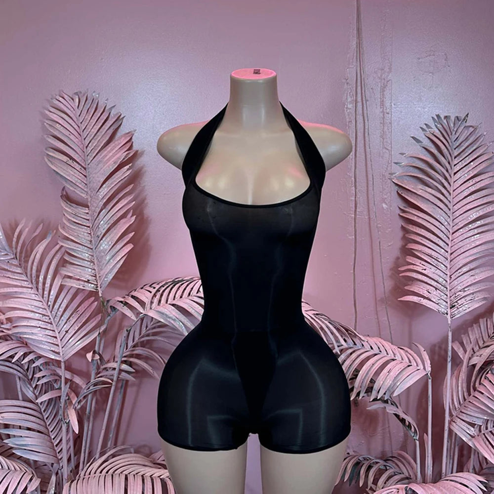 Glossy Stretch Sleeveless One Piece Short Romper for Women