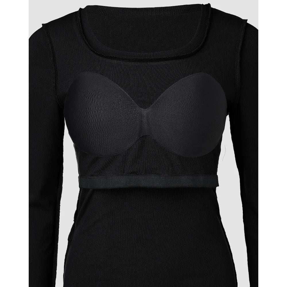 Autumn Spring Women U-Neck Built-in Bra Long Sleeve Ribbed Top Femme Skinny Casual Basic Easy Matching T-Shirts