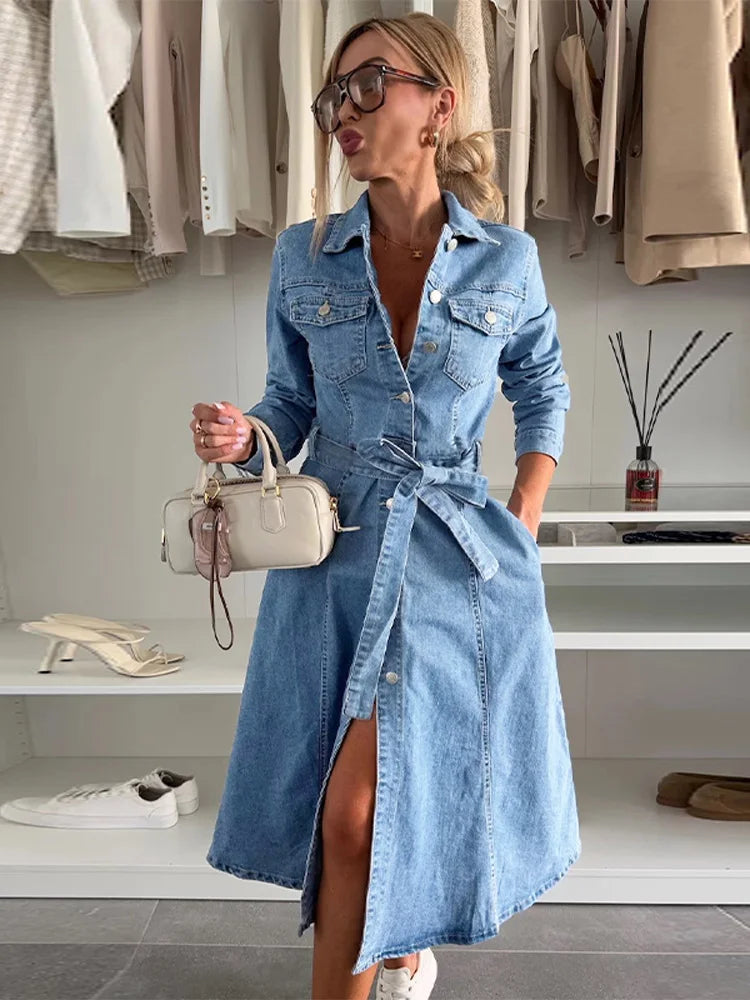 Casual A Line Single Breasted Denim Maxi Dress For Women
