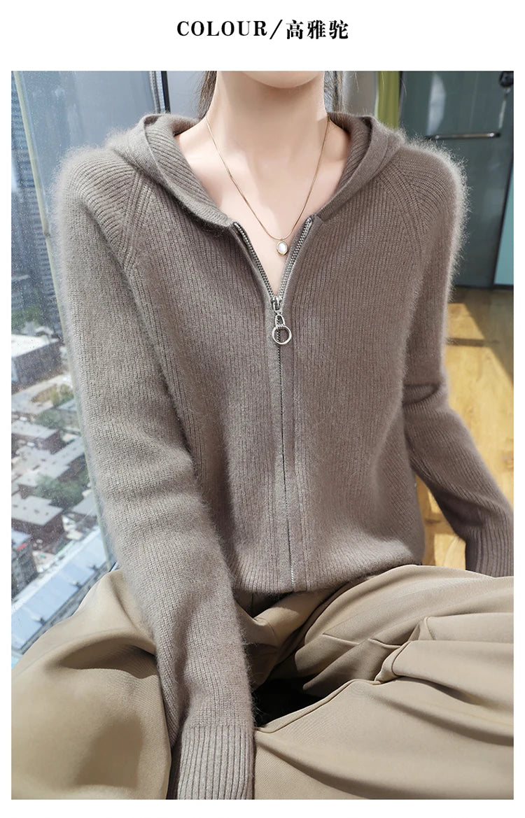 Loose Hooded Cashmere Knit Zipper Cardigan for Women