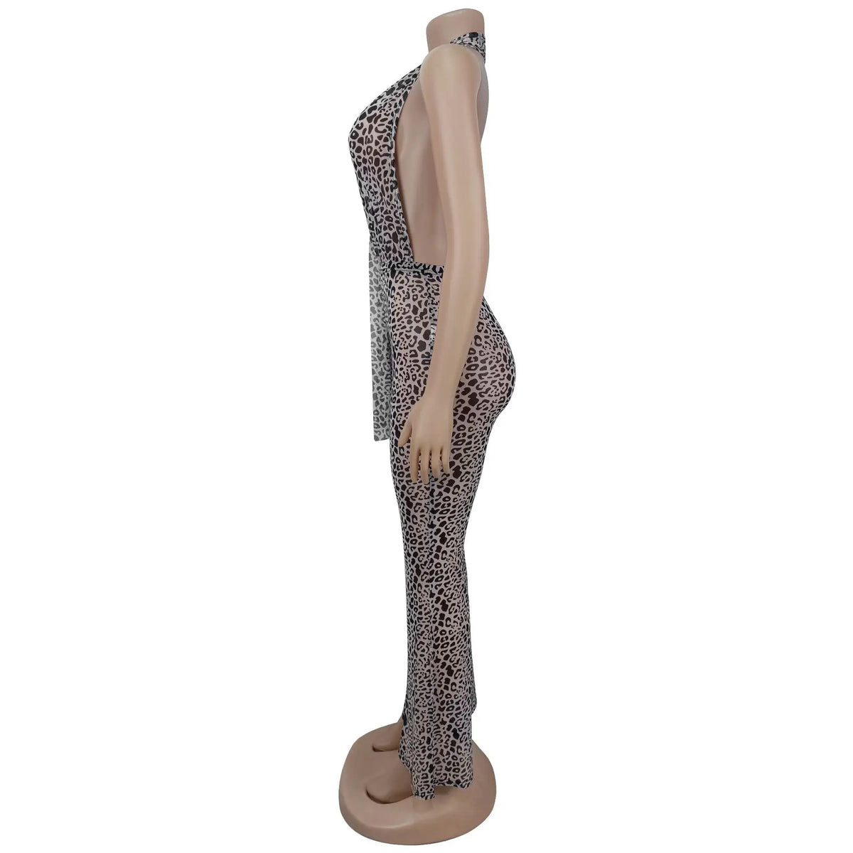 Leopard Print Halter Backless Bodycon Jumpsuit for Women
