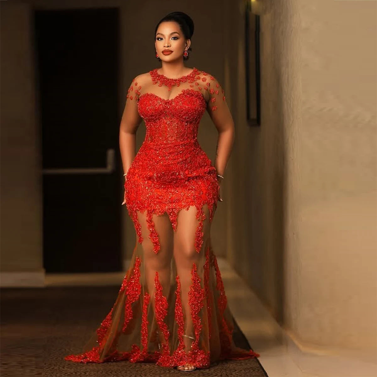 Elegant Lace Evening Dresses Ilusions Full Sleeves Long Aso Ebi Tulle Prom Gowns New Designer A Line Beaded Formal Dress