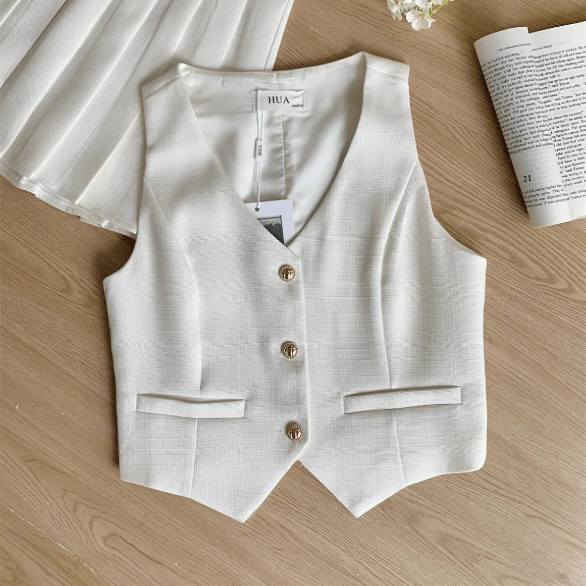 Elegant High Waist Pleated Skirt And Vest Set For Women