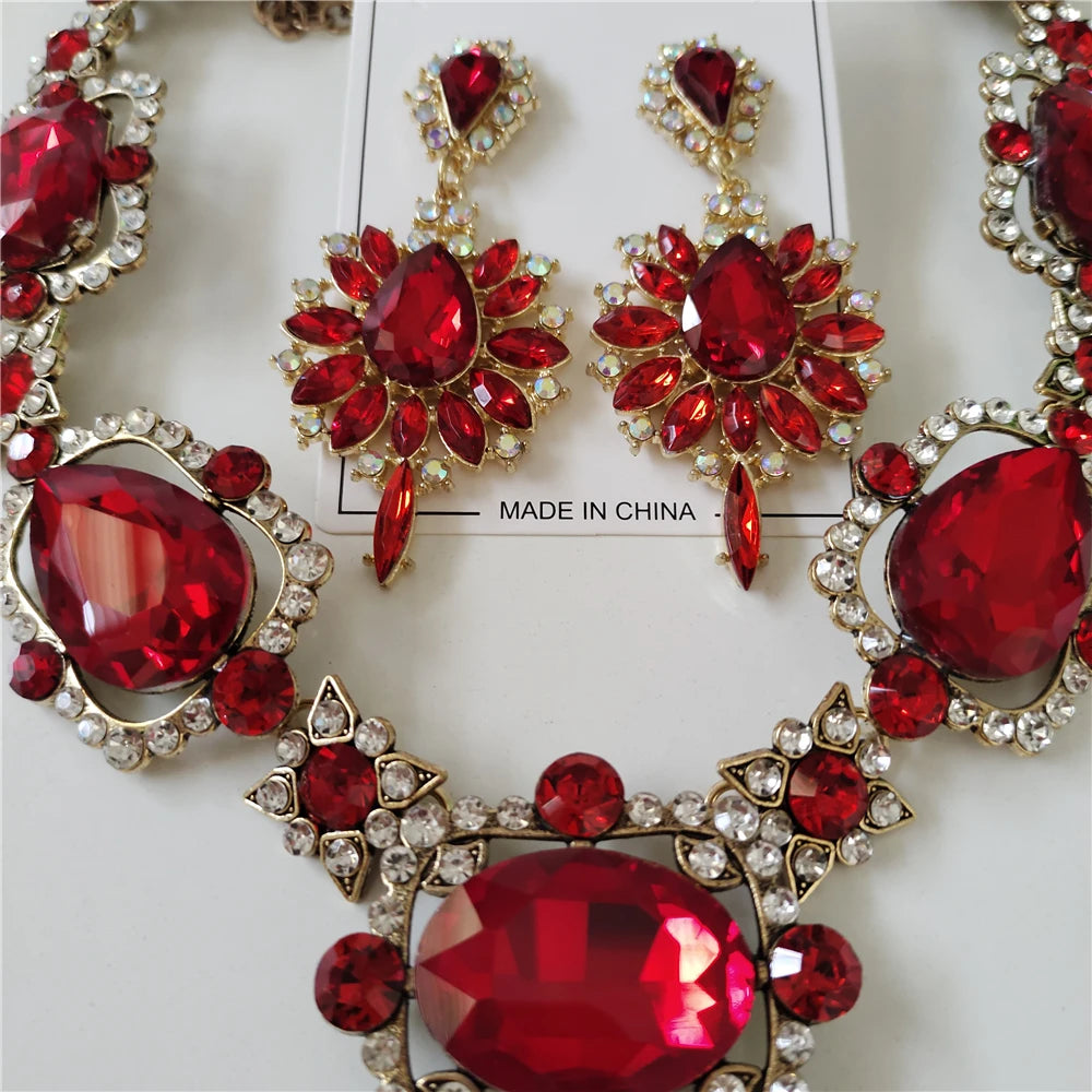 Red Crystal Statement Necklace and Earrings Set for Women