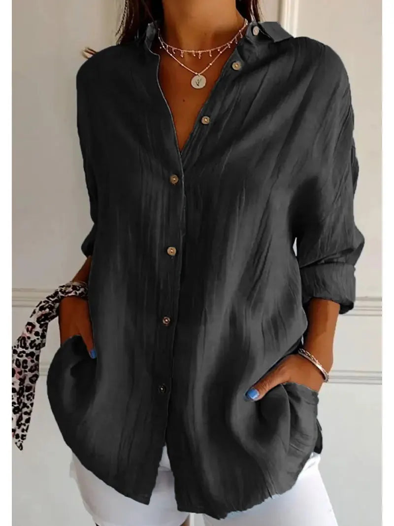 Relaxed Fit Long Sleeve Solid Color Blouse For Women