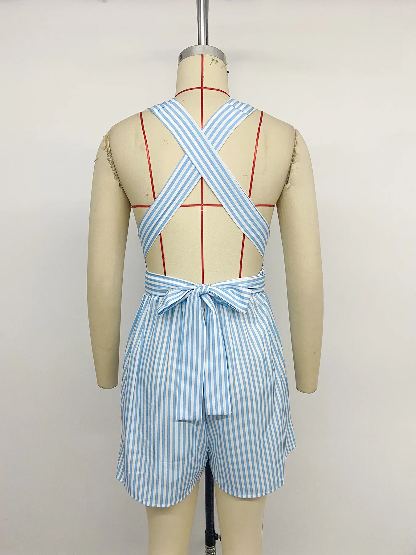 Striped Deep V Neck Sleeveless Cross Back + Romper + for Women