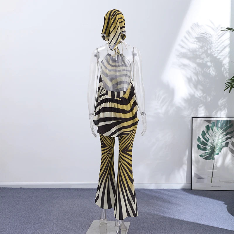 Retro Geometric Stripe Two Piece Set With Halter Top And Flare Pants for Women