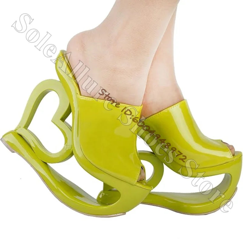 Patent Leather Heart Hollow Sculptural Wedge Mules for Women