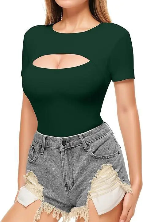 Seductive Tops Intricate Hollow Lacework T-Shirt Figure Hugging RoundNeck Blouse Classic Comfortable SolidColor Shirt