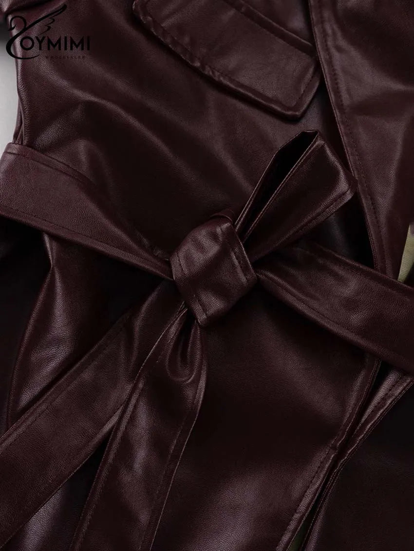 Oymimi Vintage Wine Red Pu Leather Womens 2 Piece Outfit Set Elegant Long Sleeve Lace-Up Shirts And Straight Simple Trousers Set