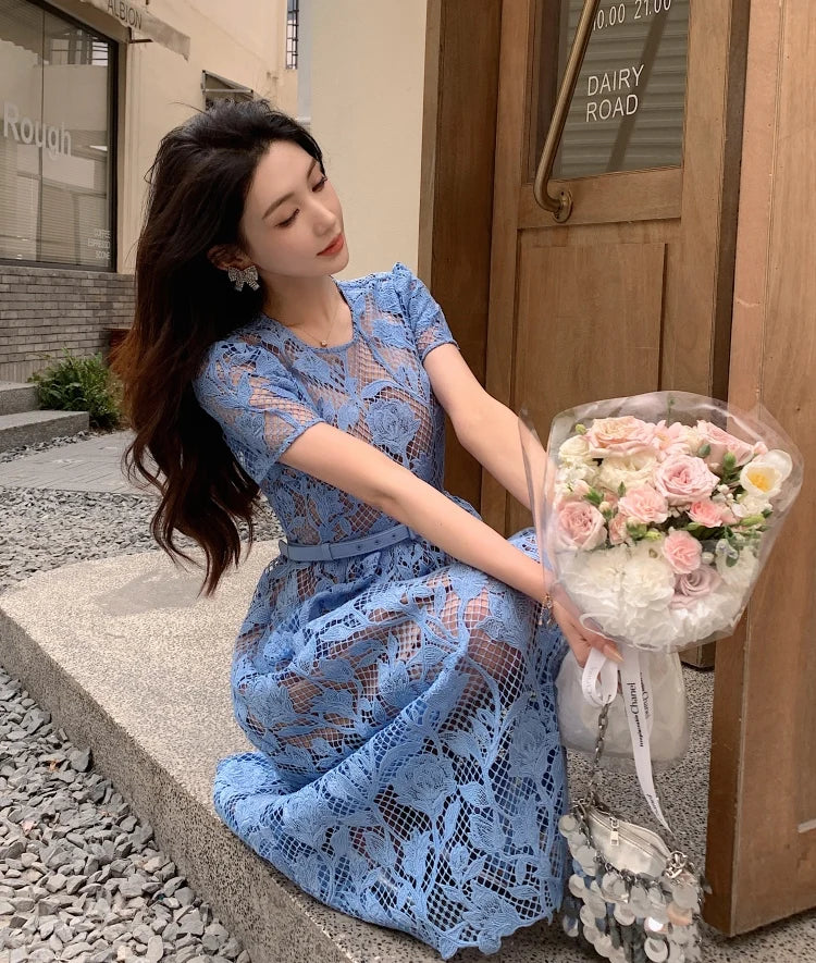 High-end Blue Heavy Lace Hollow Round Neck Short Sleeve Women's Summer Dresses New Elegant High Waist Slim Long Party Dress