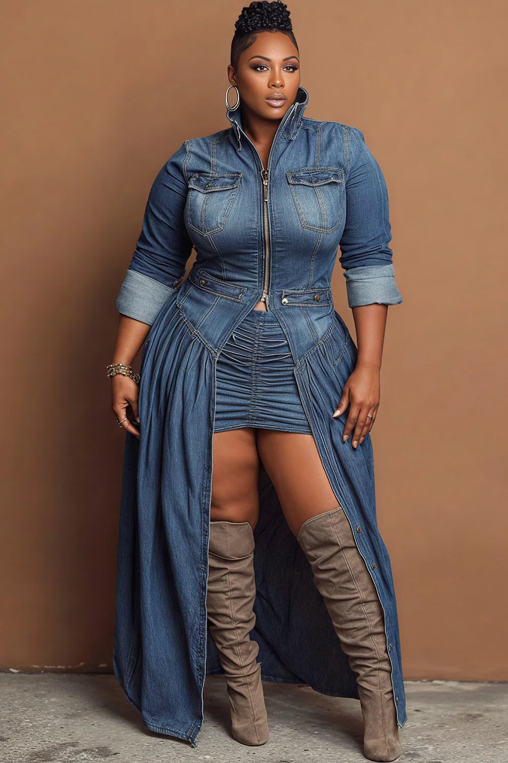 Plus Size Festival Blue High Collar Long Sleeve Zipper Denim Coat for Women