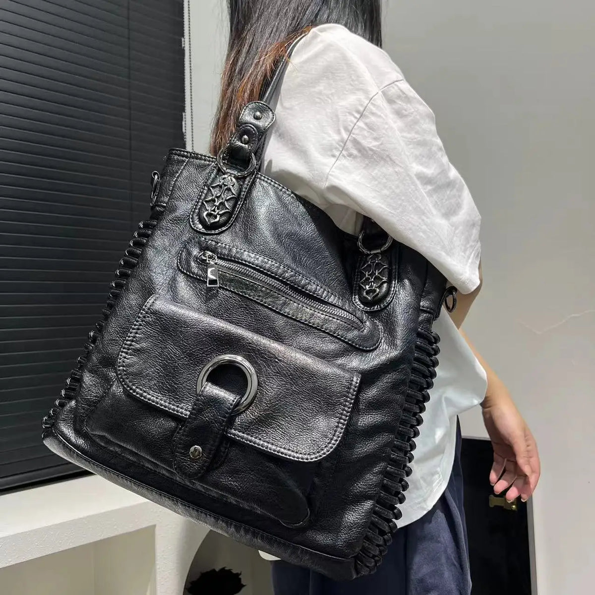 Distressed Vegan Leather Shoulder Tote Bag for Women